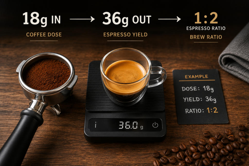 18 gram espresso dose and 36 gram yield demonstrating a 1:2 espresso ratio