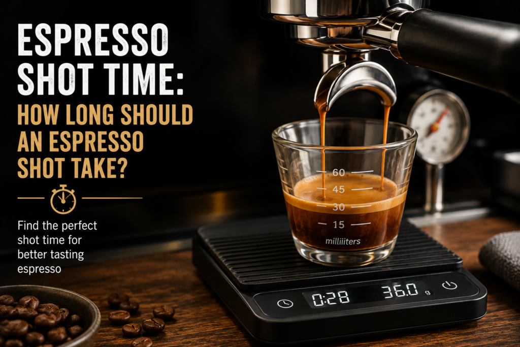 Espresso pouring into a shot glass with timer and shot time guide