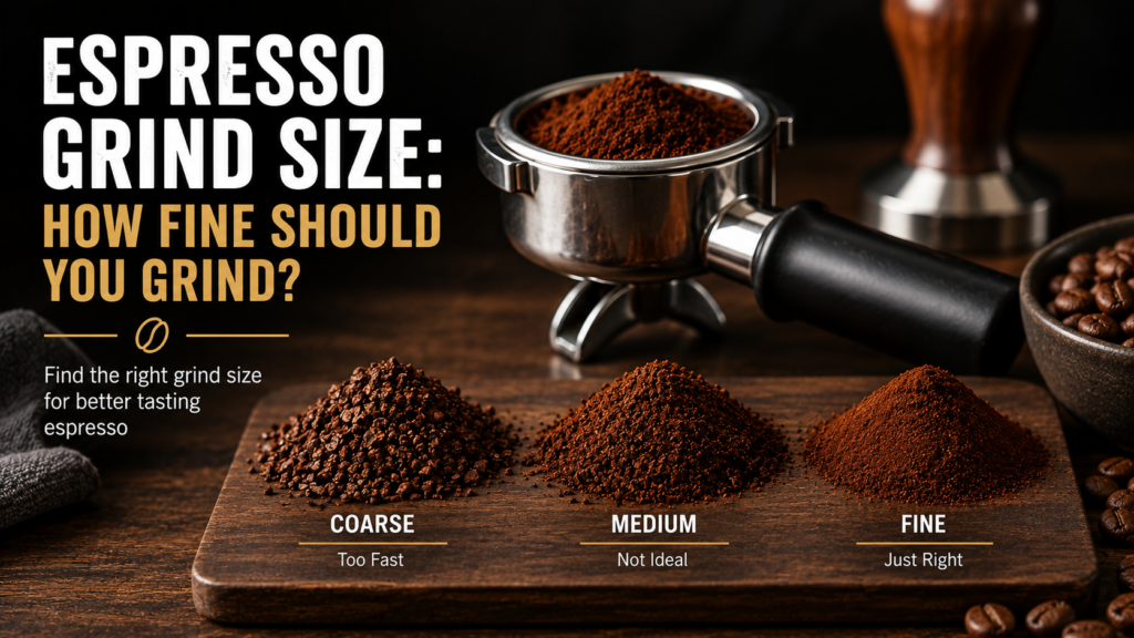 Espresso grind size comparison showing coarse, medium, and fine coffee grounds