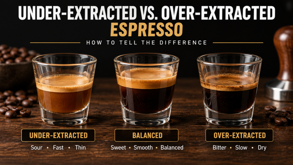Under-extracted, balanced, and over-extracted espresso shots compared side by side